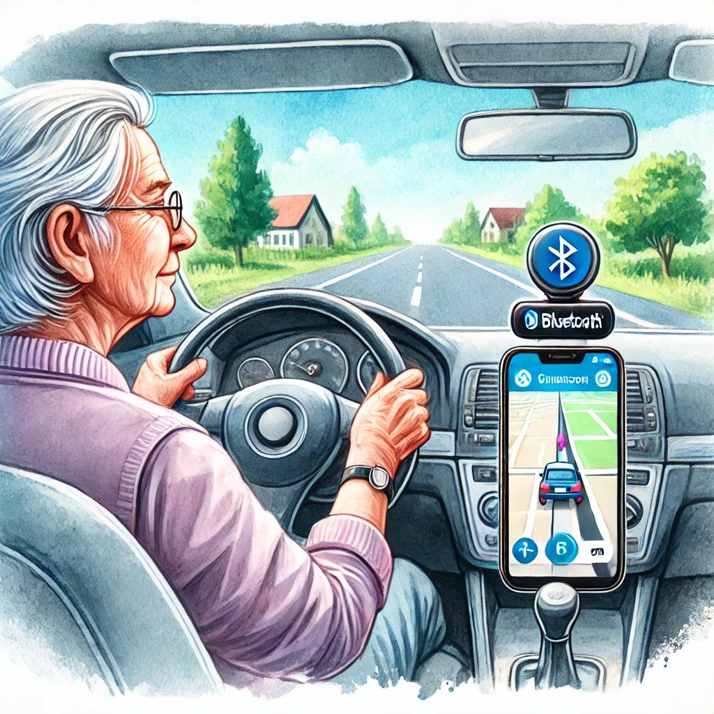 Ein Aquarell-Bild, das eine ältere Person in einem Auto mit dem Lenkrad auf der linken Seite zeigt, während sie ein Smartphone als Navi nutzt. Es spiegelt eine zugängliche und einfache Navigation wider. Von KI generiert